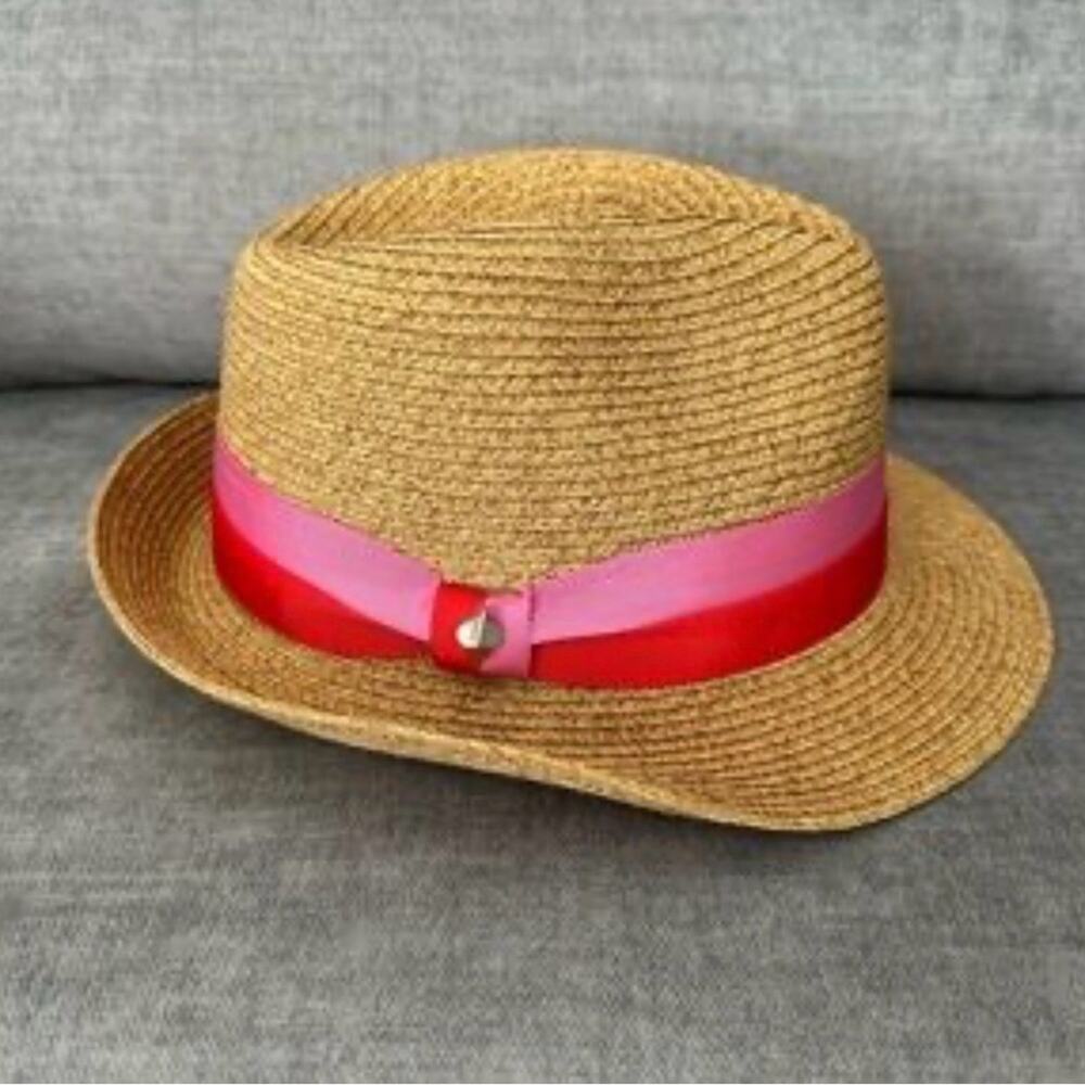 NEW KATE SPADE TAN TRILBY BICOLOR PINK RED BAND FEDORA HAT GOLD SPADE NWT - Picture 3 of 10